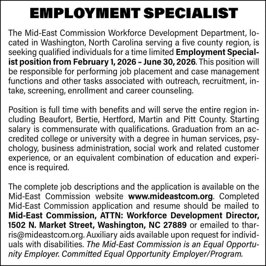 Employment Specialist Position, Mid-East Commission Workforce ...