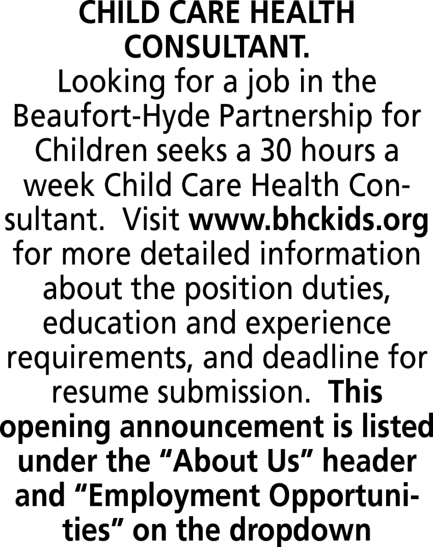 Child Care Health Consultant, BeaufortHyde Partnership For Children