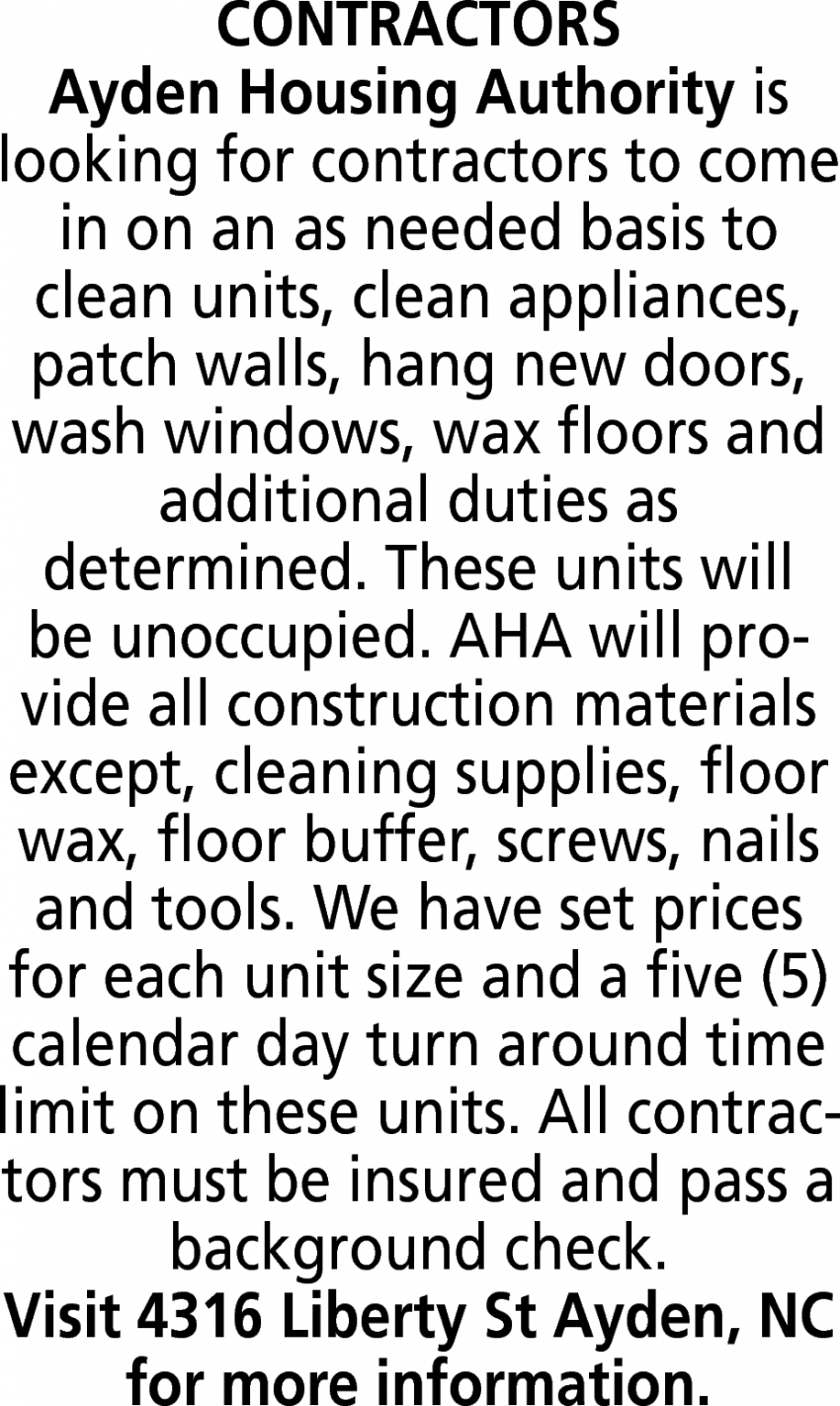 Contractors, Ayden Housing Authority, Ayden, NC