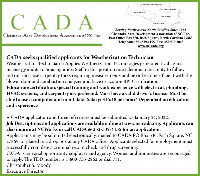 Weatherization Technician, CADA Choanoke Area Development Association Of NC, Inc.