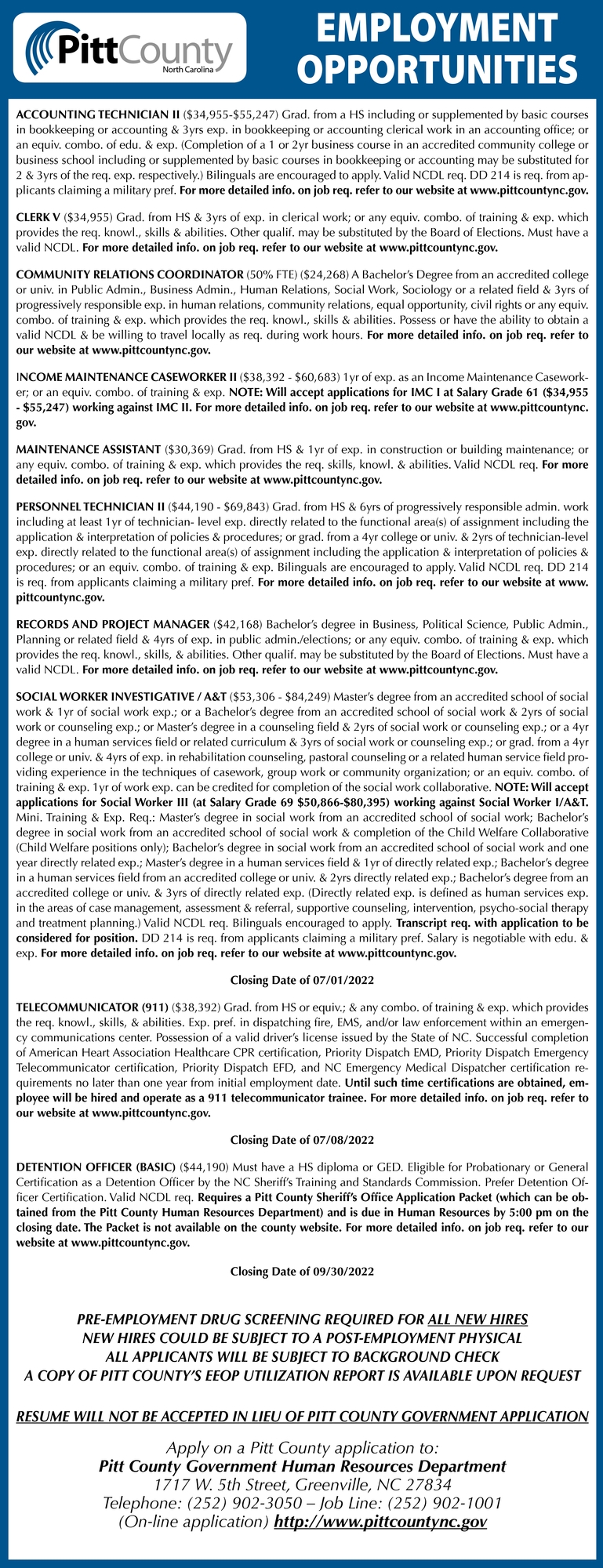 Employment Opportunities, Pitt County North Carolina, Greenville, NC