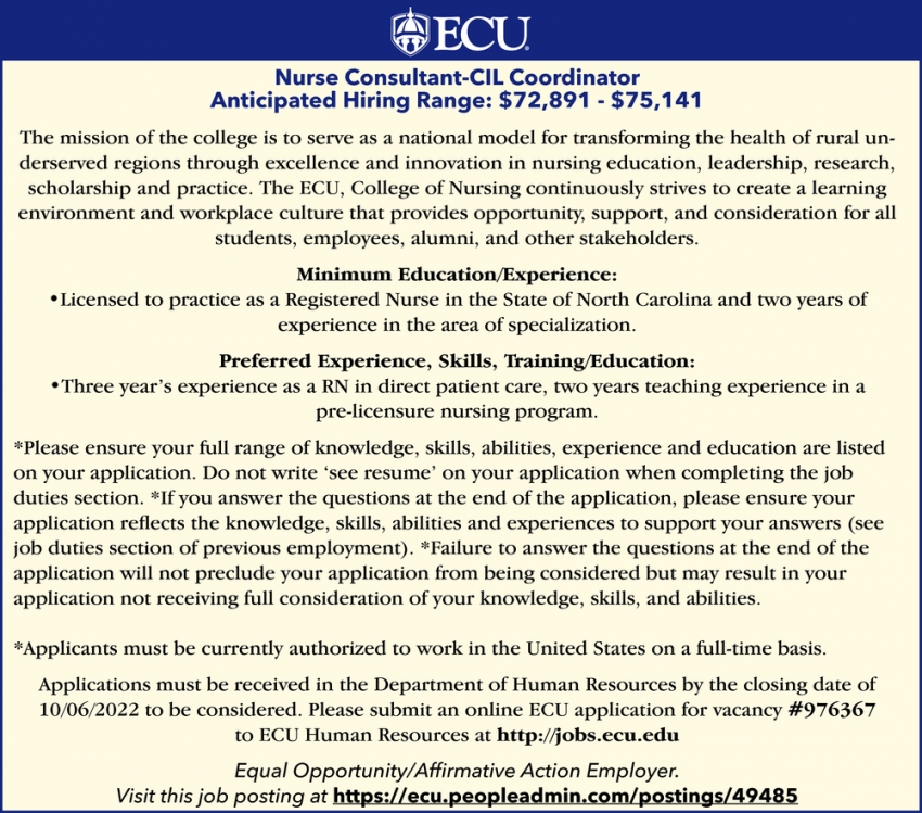 Nurse Consultant, East Carolina University, Greenville, NC