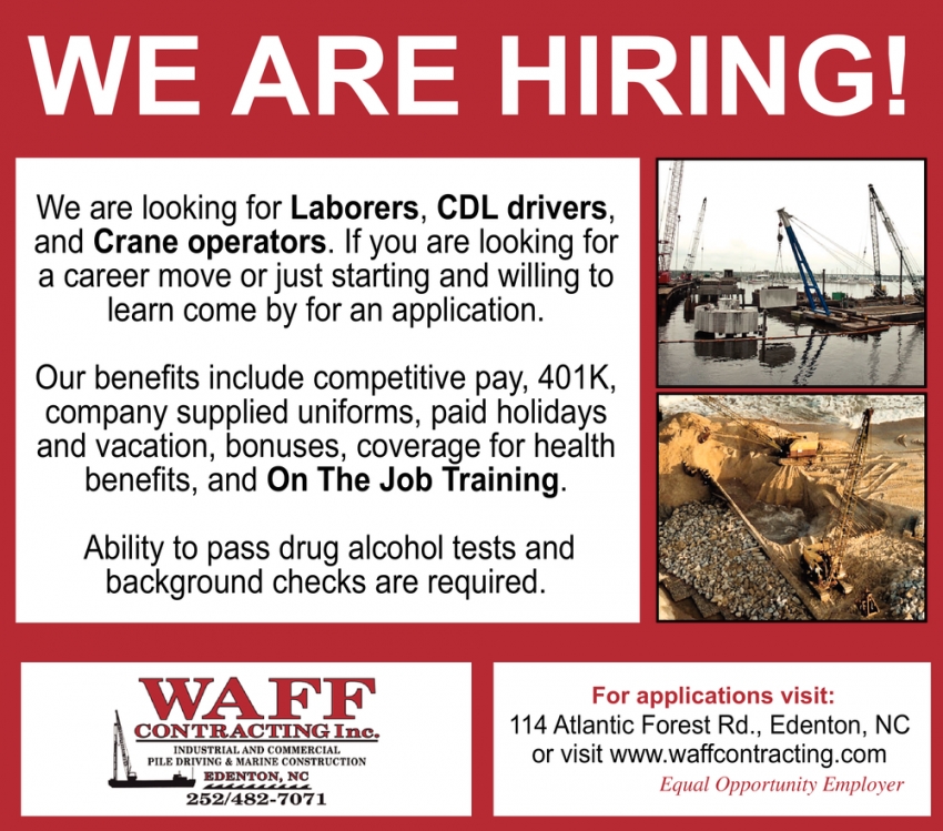 We Are Hiring!, WAFF Contracting Inc, Edenton, NC