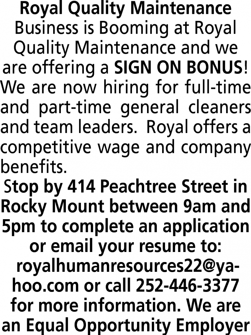 General Cleaners, Royal Quality Maintenance, Rocky Mount, NC