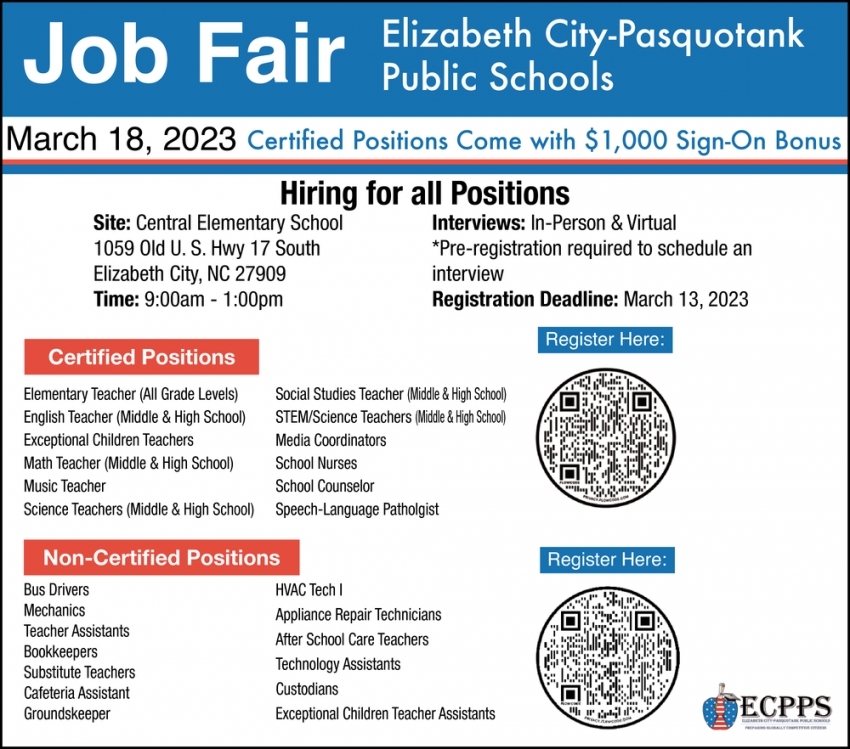 Job Fair, Elizabeth City Pasquotank Public Schools, Elizabeth City, NC