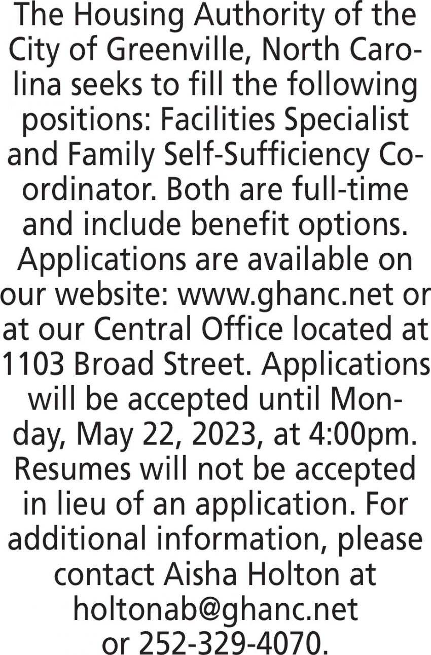 Coordinator, Housing Authority Of The City Of Greenville, Greenville, NC