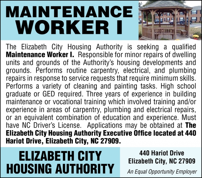 Maintenance Worker I, Elizabeth City Housing Authority, Elizabeth City, NC